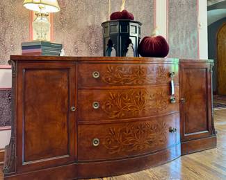 $1800; buffet with curved front drawers and 2 doors, inlaid wood and details on drawers; 2 coordinating pieces also for sale; 72x22.5x34.5