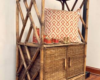 $500 each-2 available-vintage MCM rattan cabinet with two doors and 1 drawer; 33x50x17; side view of cabinets