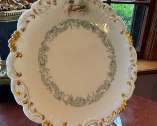 SOLD- set of 10 antique Abram French & Co porcelain game fowl plates, each one with a different bird, edged in gold