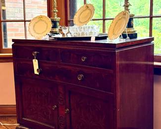 $900; china cabinet with 3 curved drawers and 2 doors with inlaid wood detail; 2 coordinating pieces also for sale; 41x20x36