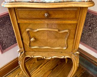 $400; antique Louis XV stye carved nightstand with marble top and inset and detailed wood grain; 15.5x15.5x32