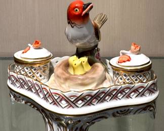 SOLD--Herend Rothschild bird inkwell; 6'w x 5"h