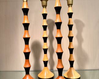 $38 each; --2 SOLD--two dark, two light wood carved and brass tip candle sticks; 14"h