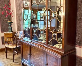 $2200; china hutch with beautiful beveled glass upper doors and inlaid wood details on bottom doors; 2 coordinating pieces also for sale; 57x16x78