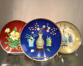 $150; set of 3 cloisonné plates with botanical details and gold trim in excellent condition; 7.5"d