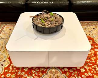 ($400-modern, white laminate square coffee table with curved corners; 36x36x15) (SOLD--Baker Furniture Grecian bronze rock garden, original price $1000; 16x9)