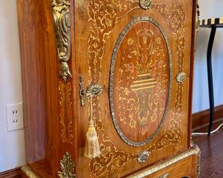 SOLD-- Louis XV style Ormolu-mounted marble top cabinet with intricate wood inlay and brass details; 32x16x38