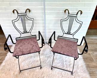 STAFF FAVORITE! $1000; pair of vintage French wrought iron chairs with brass swan head finials and harp back; 21x20x34
