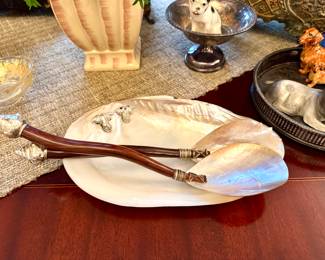 SOLD- mother of pearl shell dish with 2 silver frogs; 11x2) SOLD—mother of pearl salad tongs with wood handles and shell tips)