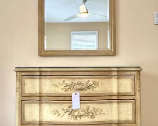 $850; Baker Furniture 3-drawer chest with glass top and hanging wall mirror