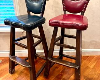 SOLD--(1 red, 1 navy available); vintage leather bar stool with wood carved horse heads and brass bits; 19x16x40