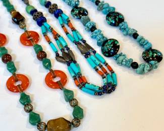 (prices left to right) ($200; vintage jade necklace with red circular beads) (SOLD; triple strand beaded necklace) ($200; turquoise beaded necklace)