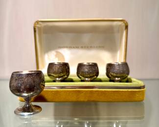 $250; set of 4 vintage sterling Gorham mini cordials still in box