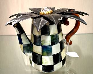 SOLD--MacKenzie Childs tea pot with metal leaf lid (as is, top finial loose)