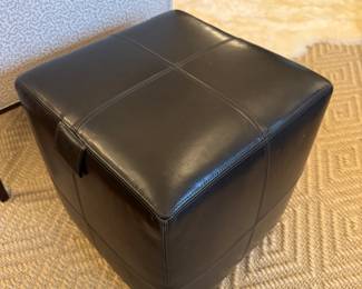 SOLD--black leather cube ottoman by Baker Furniture; 16x16x17