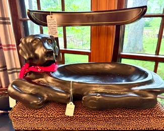 SOLD--artist signed Andy Pouch wooden black lab bowl for Green River Trading Company; 23x13x19