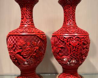 $300 each (2 available); antique cinnabar vase with exquisite detail, blue interior and wood base; 10.5"h