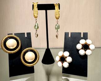 (prices left to right) (SOLD- Chanel clip earrings) ($100; gold fish pierced earrings with drop stones)