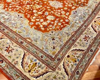 SOLD--notted wool rug with terracotta and slate blue primary colors, great condition and timeless pattern; approx 10'x13'