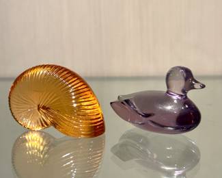 (SOLD; Baccarat crystal shell; 2.5"w x 1.5"h) (SOLD; Baccarat crystal duck; 2.5"w x 1.5"h)