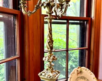 SOLD-- pair of antique marble and brass 4-candle candelabras; 8"d x 23"h
