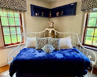 ($400; white metal day bed with trunde, mattresses included) (SOLD--set of 3 custom made ivory and navy animal print pillows)