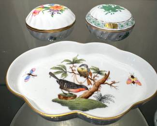 (SOLD-- Herend Rothschild tray, hand-painted and numbered; 5.5"w x .5"h) ($100 each; LEFT SOLD-Herend trinket boxes; 2.5"d x 1.5"h)