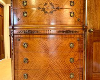 $1600; vintage high boy chest of drawers by Lammerts with beautiful inlay wood and curved front and brass accents and 5 drawers; 34x17x54