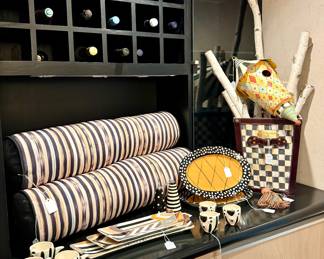 SOLD--3 available; MacKenzie Childs long lumbar pillows) (SOLD-- set of 6 hand painted, artist signed fish mugs) ( SOLD-- MacKenzie Childs bird house) (SOLD-MacKenzie Childs waste basket/umbrella stand)