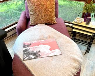 SOLD--Thayer Coggin one-armed, down filled MCM style chaise; 34x72x32) ($48 each-2 available; silk, embroidered pillows) (SOLD--Saks Fifth Avenue mohair throw)
