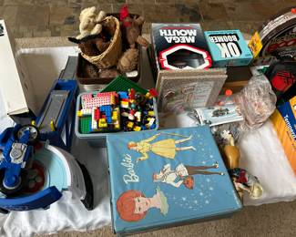 Toys; vintage Barbie case; legos