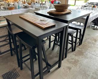 Black wooden dining set with 4 bench seats; Black bar table with 2 bench seats