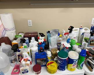 Many cleaning supplies, polishes, etc.
