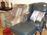 Blue Leather wing back with ottoman