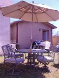 Cast Aluminum Patio Table, Chairs, cushions, Umbrella Stand and Umbrella