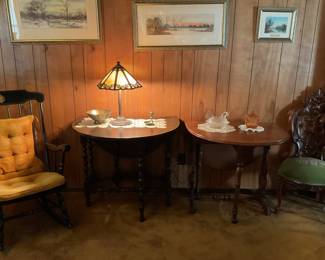 Black rocking chair 25x37
Dark wood drop leaf table-44x33x29
Wood drop leaf table-42x30x28
Dark wood and green chair-18x41