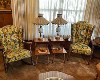 Yellow floral chair & rocker-28x43. Matching side tables-15x23x25