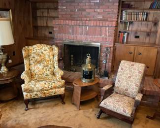 Ethan Allen “Traditional Classics” yellow bird chair-33x43. Oval side table-15x25x20.  Cream floral rocking chair-25x36