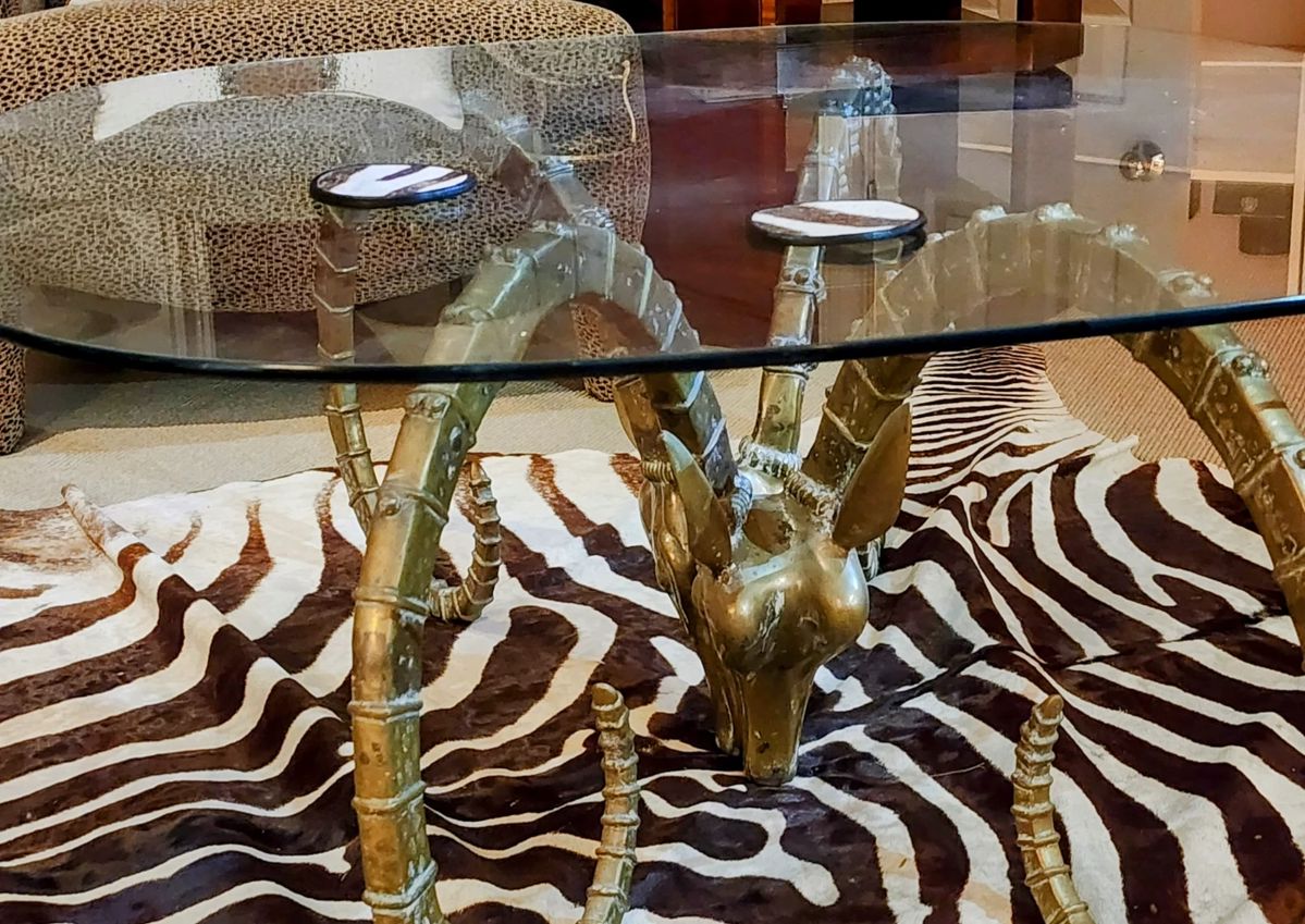 Coffee Table with Metal Animal Horns Base and Glass Top