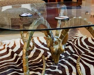 Coffee Table with Metal Animal Horns Base and Glass Top