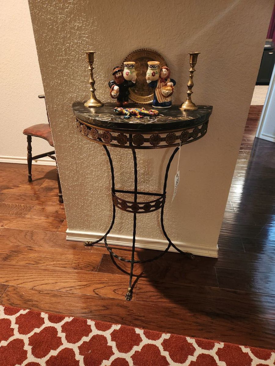 Oscar Bach Style Wrought Iron and Brass Marble Top Demi Lune table