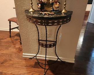 Oscar Bach Style Wrought Iron and Brass Marble Top Demi Lune table