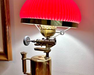 Assembled Brass Blow Torch Table Lamp with Red Glass Shade 