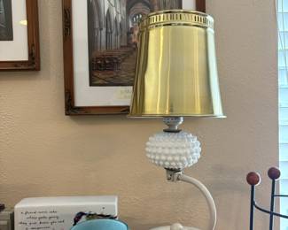 Glassy Baby "Mother Earth" Candle Holder, Milk Glass Hobnail Cantilever Table Lamp with Brass Tone Shade
