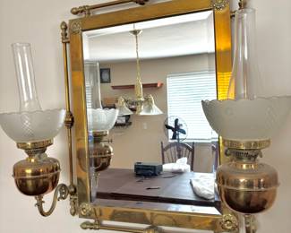 Victorian Brass Double Oil Lamp Wall Mirror