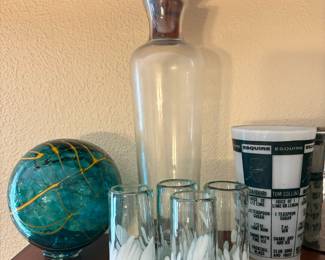 Turquoise/Gold Blown Glass Float, Clear Glass Decanter with Plum Glass Stopper, Set of 4 Clear/White Blown Glass Shot Glasses,  Frosted Bar Recipe Glass Cocktail Shaker