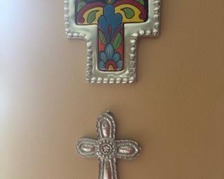 Talavera Mexican Folk Art Cross, Silver Tone Cross
