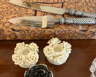 Pair of Cake Serving Utensils, Pair of White Porcelain Rose Design Candle Stick Holders