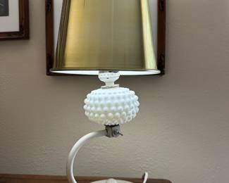 Milk Glass Hobnail Cantilever Table Lamp with Brass Tone Shade
