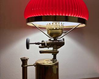 Assembled Brass Blow Torch Table Lamp with Red Glass Shade 